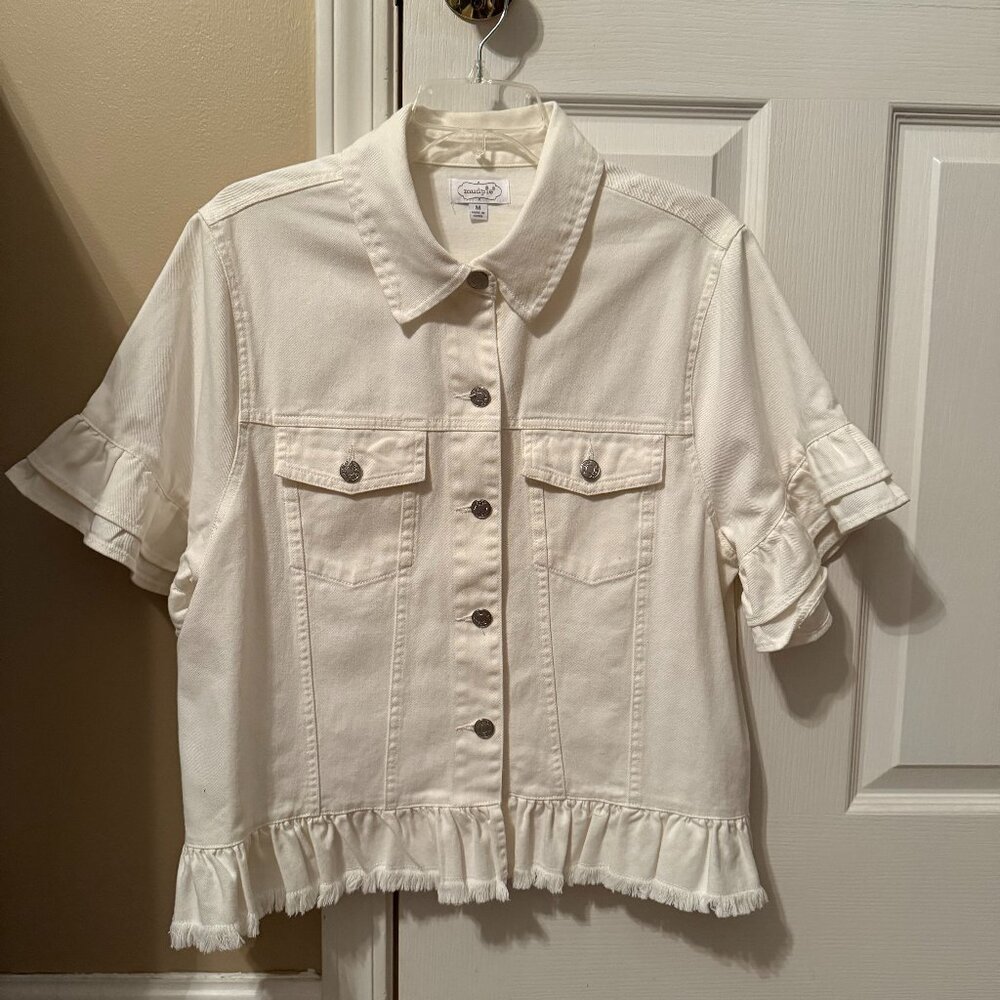 Mudpie White Ruffle Short Sleeve Denim Jacket Size Medium New